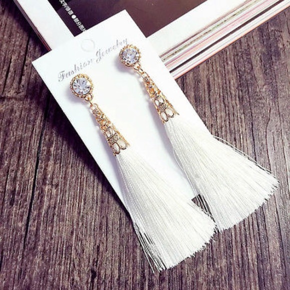 Jewelry - Trendy Rhinestone Tassel Earrings White Gold